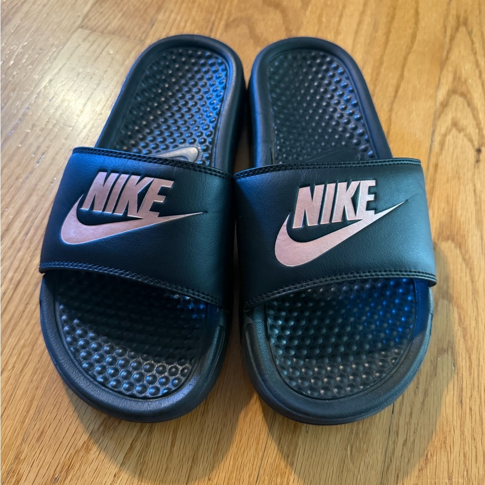 Nike Black and Pink Slides Size 6